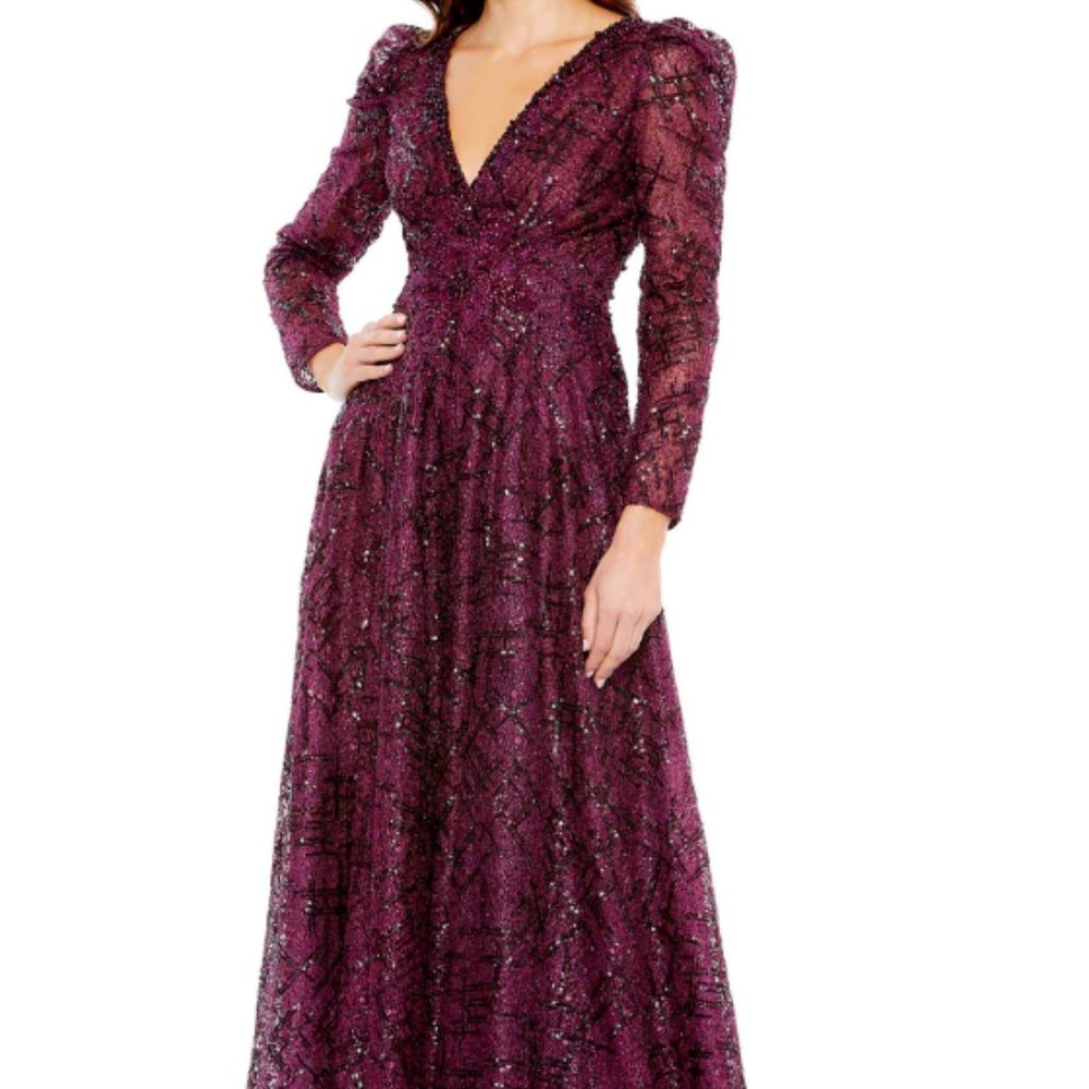 MAC DUGGAL EMBELLISHED V-NECK LONG SLEEVE A-LINE PLUM GOWN sz 12